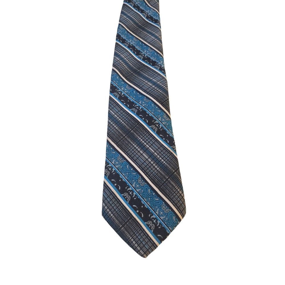 Vintage‎ Courtley Custom Black Blue White Pattern Striped Mens Necktie Tie